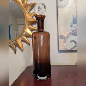 Art Glass 14.25" DECANTER Bark Brown Clear Base & Stopper Mid Century Modern